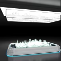 White City Model With Blue Lights At Bottom And Transparent Display Board Above Black Background