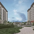 Modern Residential Buildings With Landscaped Garden Stone Pathway And Bridge