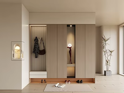 Modern Entryway Shoe Cabinet With Clothing Hanging Bench Open Shelf Decorations Plant And Rug 3d model