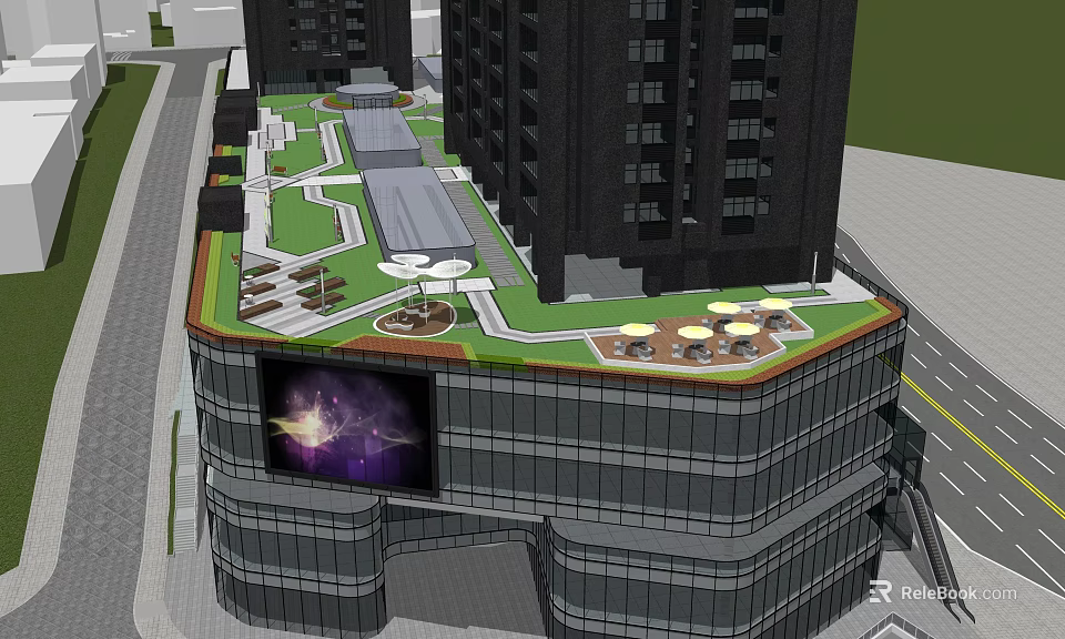 Urban Building Rooftop Garden With Green Space Seating And Open Layout 3d model