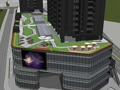 Urban Building Rooftop Garden With Green Space Seating And Open Layout 3d model