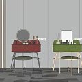 Red and Green Dressing Tables With Mirrors Stools and Decorative Items on Gray Wall Background