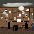 Elegant Study Room With Wooden Bookshelves Writing Desk Hanging Pendant Light And Blue Accent Chair