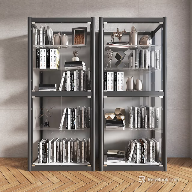 Elegant Modern Bookcase With Glass Doors Metal Frame And Decorative Items 3d model 