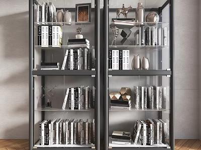 Elegant Modern Bookcase With Glass Doors Metal Frame And Decorative Items 3d model