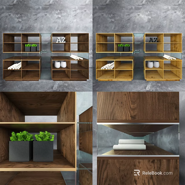 Modern Wooden Shelving Unit With Open Tiers Green Plants Storage Boxes And Towels 3d model 