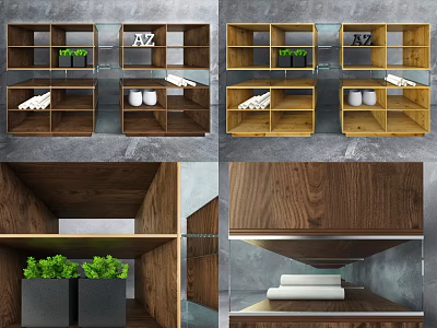Modern Wooden Shelving Unit With Open Tiers Green Plants Storage Boxes And Towels 3d model