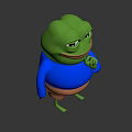 3D Sad Frog Model in Blue Shirt Brown Shorts With Finger on Mouth Gray Background