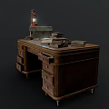 Vintage Wooden Office Desk With Matching Drawer Cabinet Stacked Books And Classic Lantern