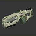 Futuristic Sci Fi Weapon With Beige And Green Mechanical Components Barrel Grip And Tactical Features