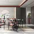 Modern Luxury Restaurant With Round Dining Table Landscape Painting Green Plant Gray Walls Wooden Decorations