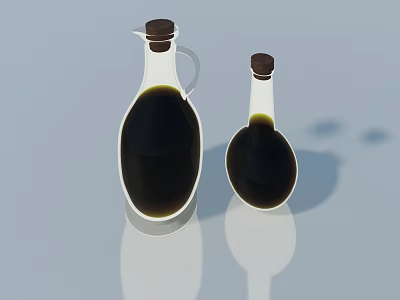 Two Glass Bottles With Dark Liquid Handle And Caps On Light Background Reflection 3d model