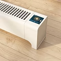 White Baseboard Electric Heater in Room Corner on Wooden Floor with Sunlight and White Curtains