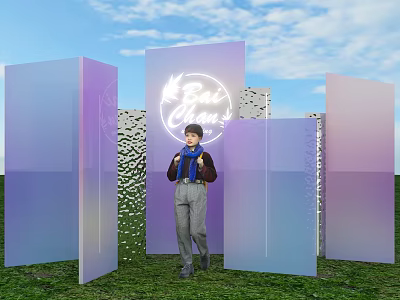 Popular Photo Check In Spot With Gradient Purple Cubes And Best Cheers Neon Sign 3d model
