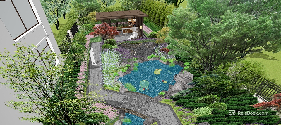 Garden Courtyard Design Featuring Pond Lotus Stone Pathway Wooden Gazebo Rockery And Colorful Flowers 3d model 