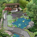 Garden Courtyard Design Featuring Pond Lotus Stone Pathway Wooden Gazebo Rockery And Colorful Flowers
