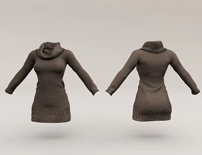 Stylish Brown Knitted Turtleneck Sweater Dress Front And Back Views 3d model