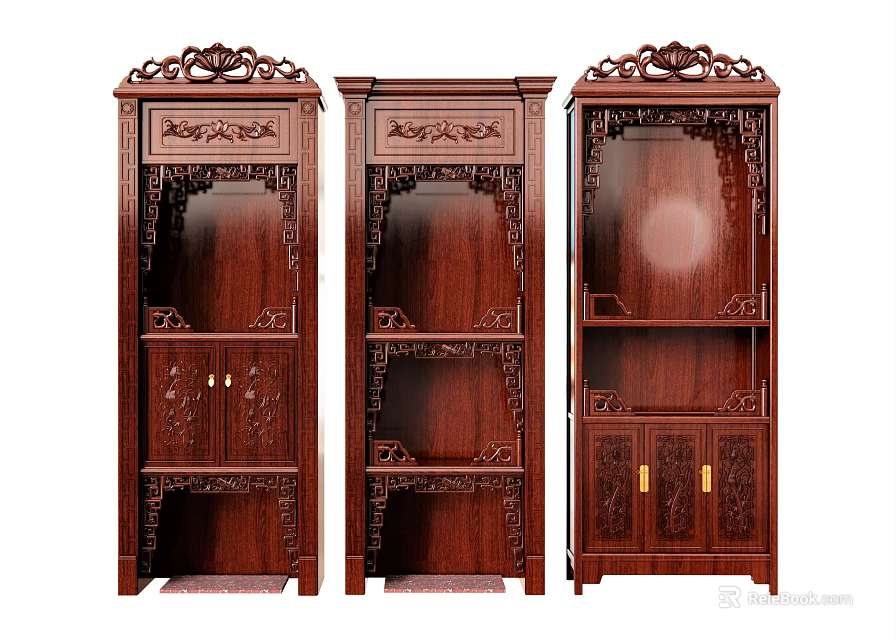 Traditional Chinese Wooden Buddhist Shrine Cabinets With Carved Details And Storage Shelves 3d model 