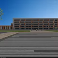 School Building Exterior Featuring White Orange Walls Green Lawn Blue Sky And Red Car