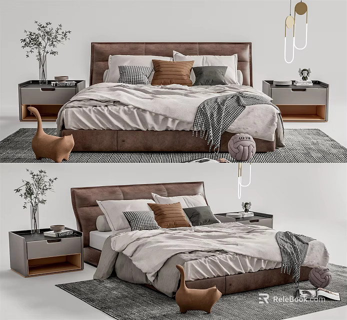 Modern Double Bed With Brown Headboard Pillows Nightstands And Decorative Elements 3d model