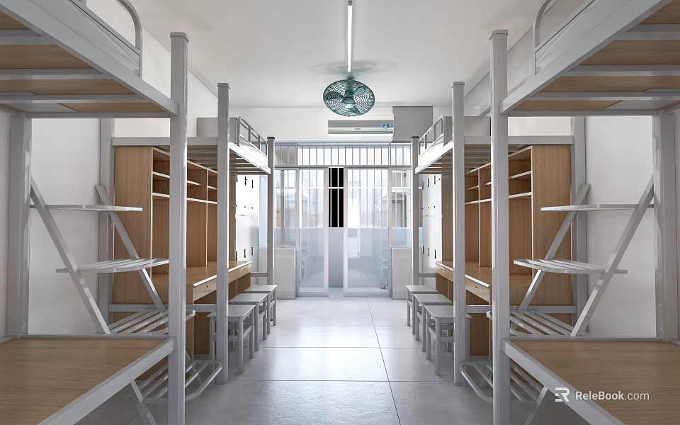 School Dormitory Interior With Bunk Beds Storage Cabinets And Fan 3d model