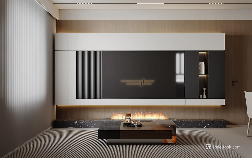Elegant Modern Living Room With TV Wall Fireplace Marble Floor And Coffee Table 3d model 