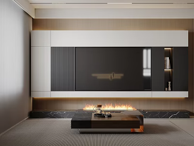 Elegant Modern Living Room With TV Wall Fireplace Marble Floor And Coffee Table 3d model