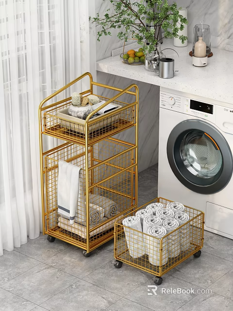 Gold Metal Multi tier Rolling Storage Rack With Shelves For Towels In Laundry Room 3d model 