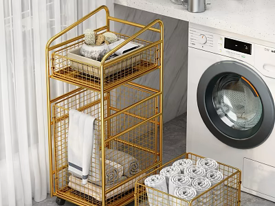 Gold Metal Multi tier Rolling Storage Rack With Shelves For Towels In Laundry Room 3d model