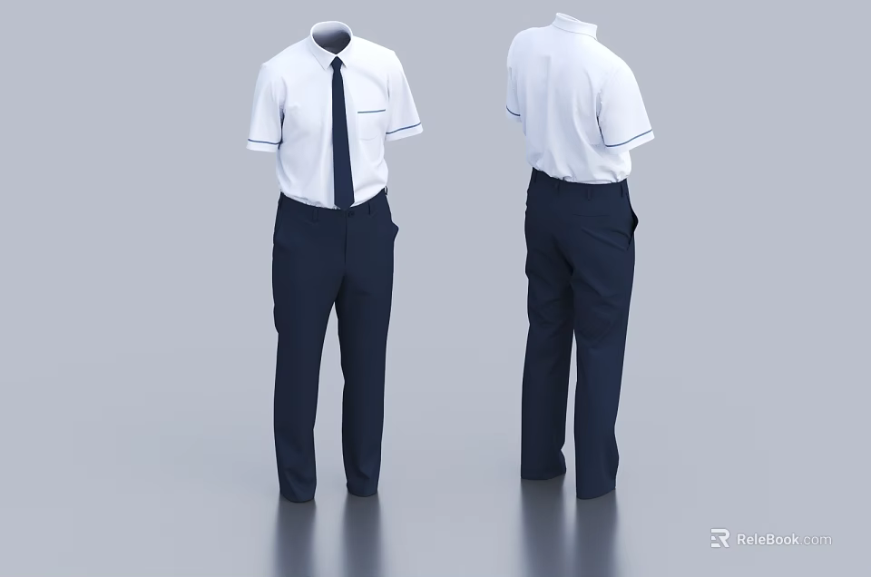 Men's Uniform With White Short Sleeve Shirt Dark Tie Navy Blue Trousers Front Back Views 3d model 