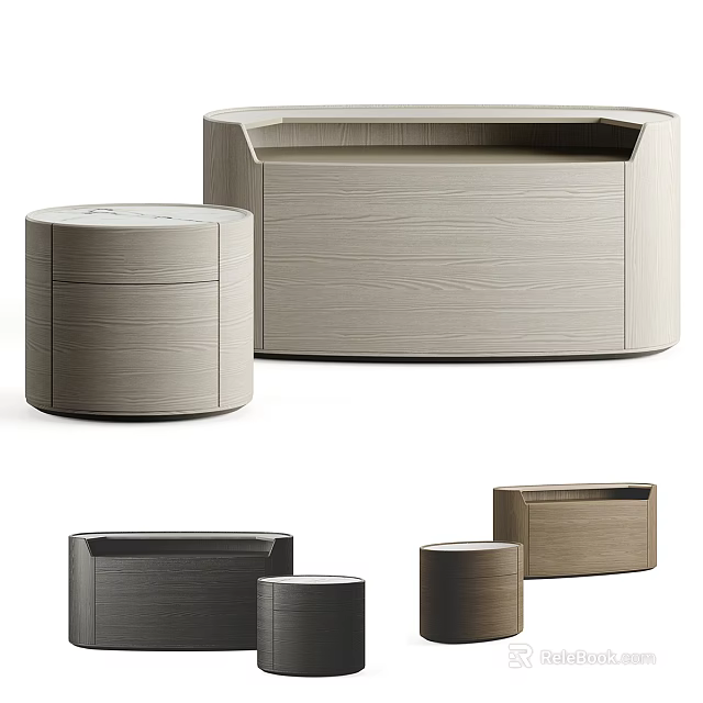 Stylish Modern Bedside Tables With Round And Square Shapes And Wooden Finishes 3d model 