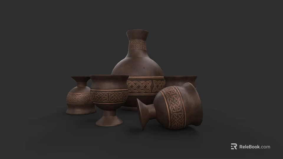 Traditional Brown Ceramic Vessels With Intricate Patterns Various Shapes Vases And Cups 3d model 
