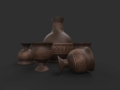 Traditional Brown Ceramic Vessels With Intricate Patterns Various Shapes Vases And Cups 3d model