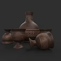 Traditional Brown Ceramic Vessels With Intricate Patterns Various Shapes Vases And Cups