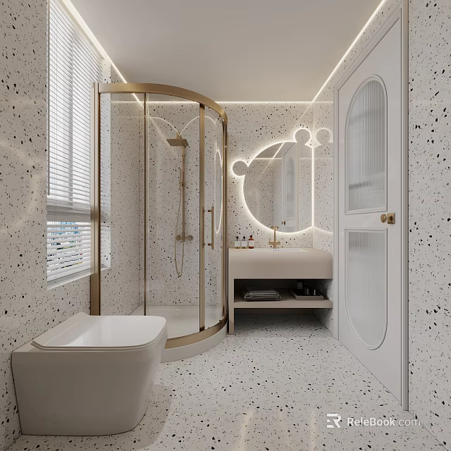 Elegant Modern Bathroom With Golden Frame Shower Enclosure Vanity Mirror And Speckled Tiles 3d model 