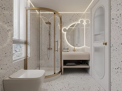 Elegant Modern Bathroom With Golden Frame Shower Enclosure Vanity Mirror And Speckled Tiles 3d model