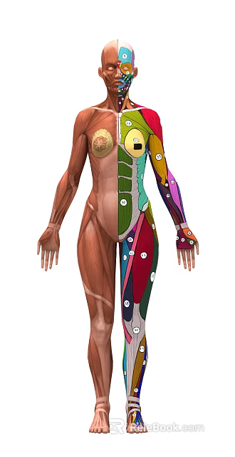 Medical Device Human Muscle Anatomy 3D Model With Colorful Labeled Muscles And Numbered Markers 3d model 