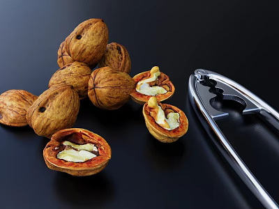 Fresh Whole And Opened Walnuts With Nutcracker On Dark Background 3d model