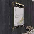 Abstract Painting with Black Frame Hanging on Dark Wooden Wall and Pine Decor