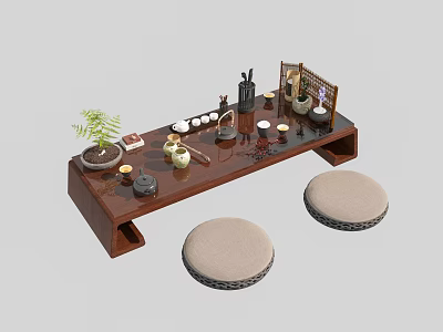Traditional Wooden Tea Table And Round Cushioned Stools With Tea Utensils Plant And Screen 3d model