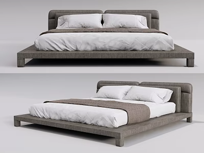 Modern Double Bed With Gray Upholstered Frame White Mattress Pillows And Brown Throw Blanket 3d model