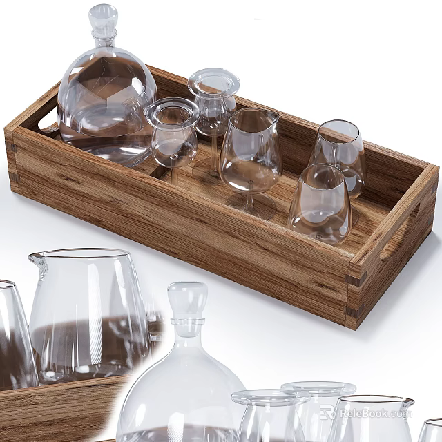 Wine Bottles And Glassware Display In Wooden Tray With Various Shapes And Clear Design 3d model 