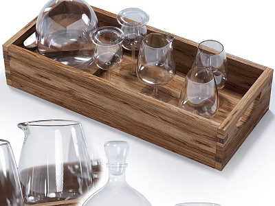 Wine Bottles And Glassware Display In Wooden Tray With Various Shapes And Clear Design 3d model