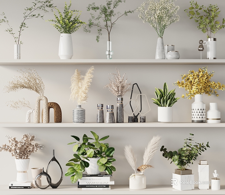 Stylish Vases With Various Flowers And Green Plants Arranged On White Shelves Interior 3d model 