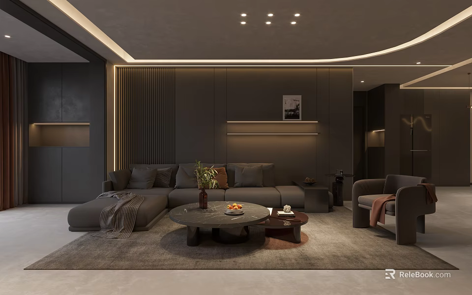 Modern Luxury Dining Living Room With Dark Gray Sofa Round Coffee Table And Brown Armchair 3d model 