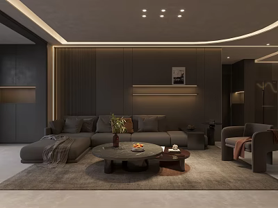 Modern Luxury Dining Living Room With Dark Gray Sofa Round Coffee Table And Brown Armchair 3d model