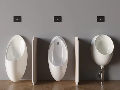 White Urinals with Dividers and Black Sensors on Gray Wall in Modern Restroom 3d model