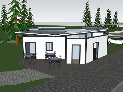 Modern Small House With Solar Panels On Roof Trees And Outdoor Seating 3d model