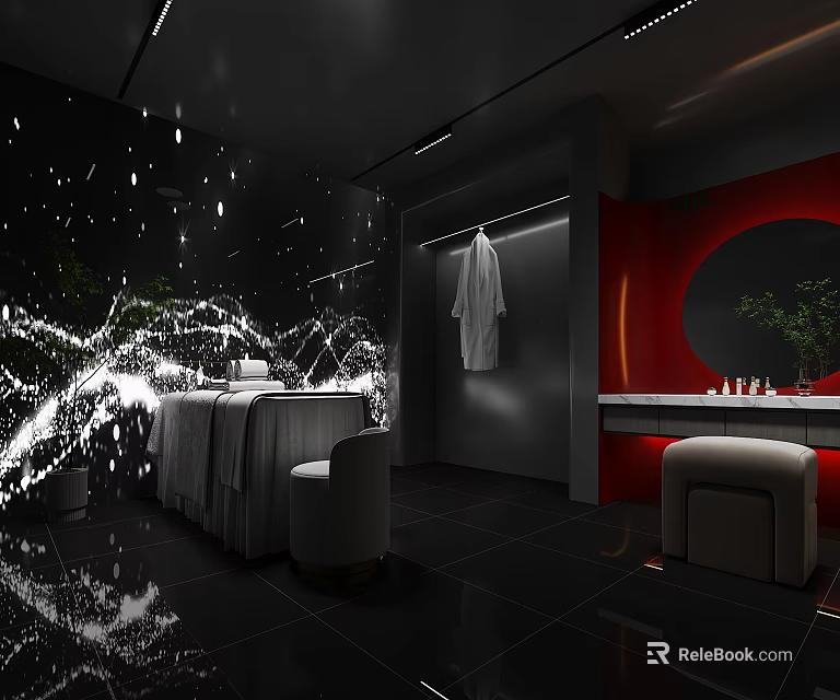Modern SPA Sauna Interior With Massage Table Hanging Robe And Red Accent Wall 3d model 