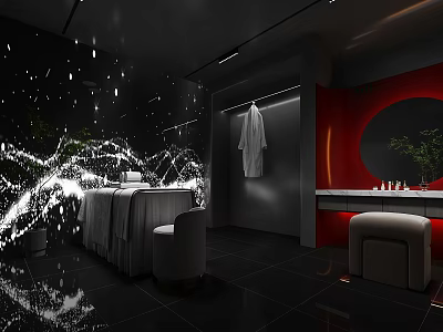 Modern SPA Sauna Interior With Massage Table Hanging Robe And Red Accent Wall 3d model